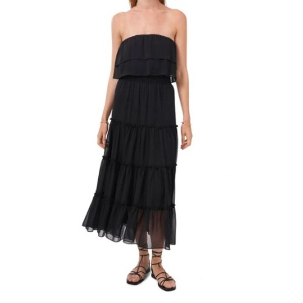 NEW 1.STATE Dress Black Womens M Smocked Tiered Midi Perfect Vacay LBD Strapless